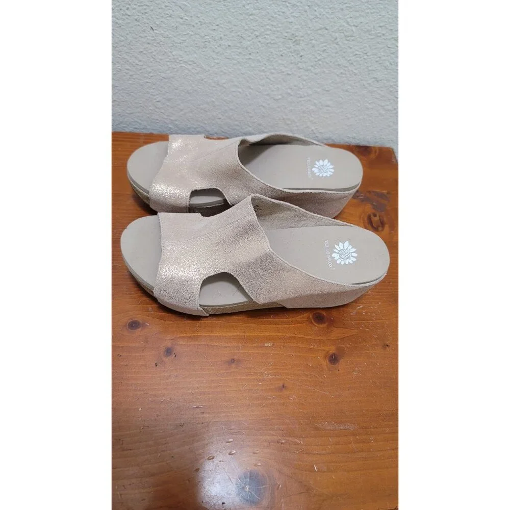 Yellowbox Basic Sage Leather  Metallic Womens Glittery Beige Wedge Sandals - Siz